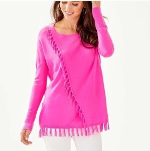 Lilly Pulitzer Emberly Sweater women's large pink fringe wrap coastal beachy